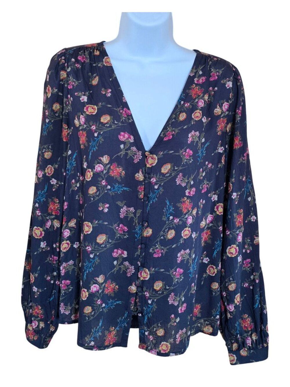 Floral Button-Down Top Navy V-Neck Long Sleeve Relaxed Fit Womens